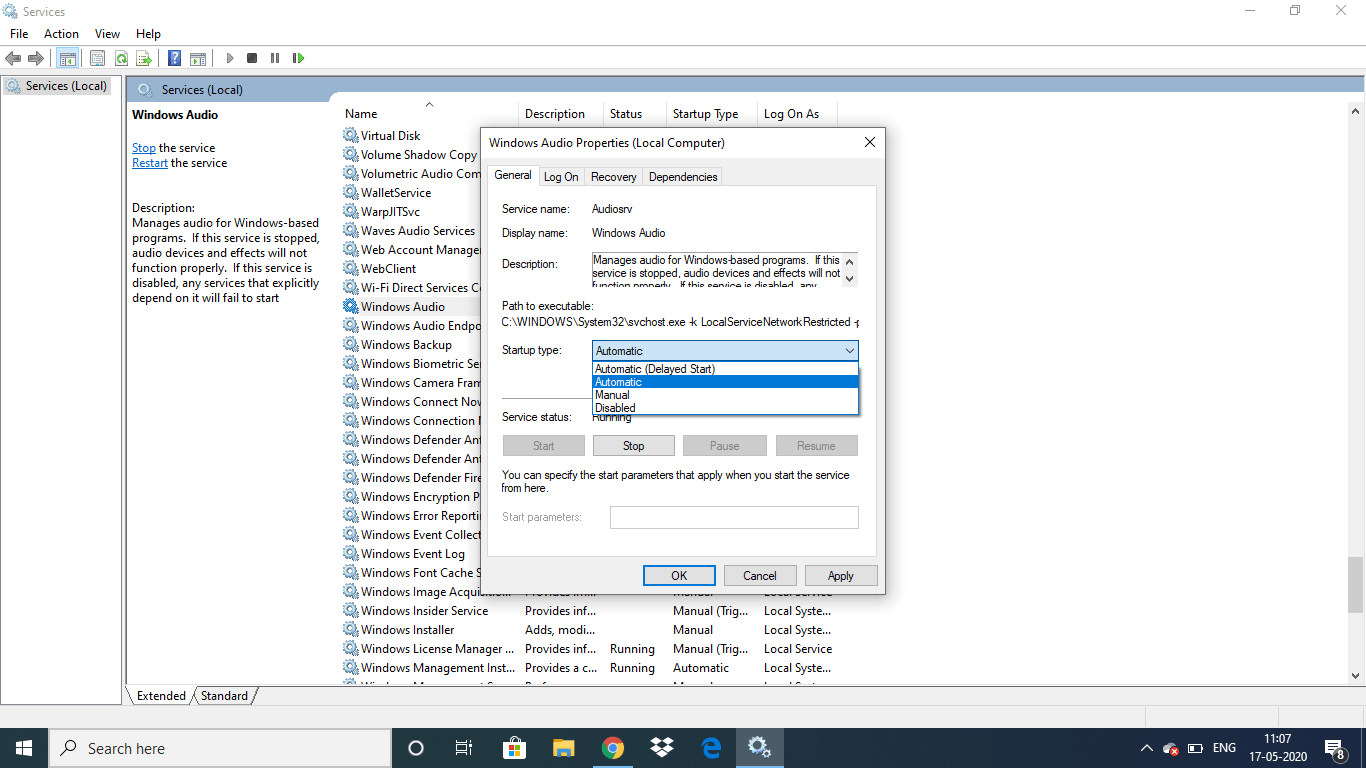 The  Audio service is not running Windows 10